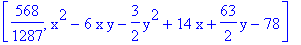 [568/1287, x^2-6*x*y-3/2*y^2+14*x+63/2*y-78]